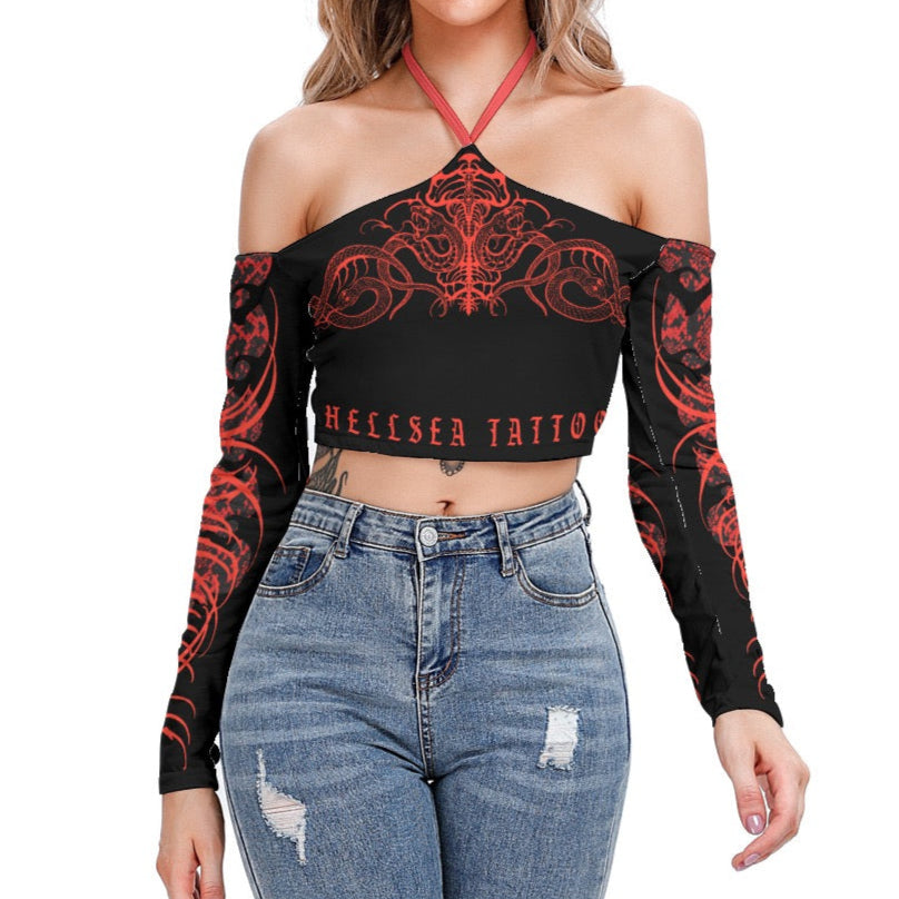 Snake Bite Black/Red Halter Lace-up Top
