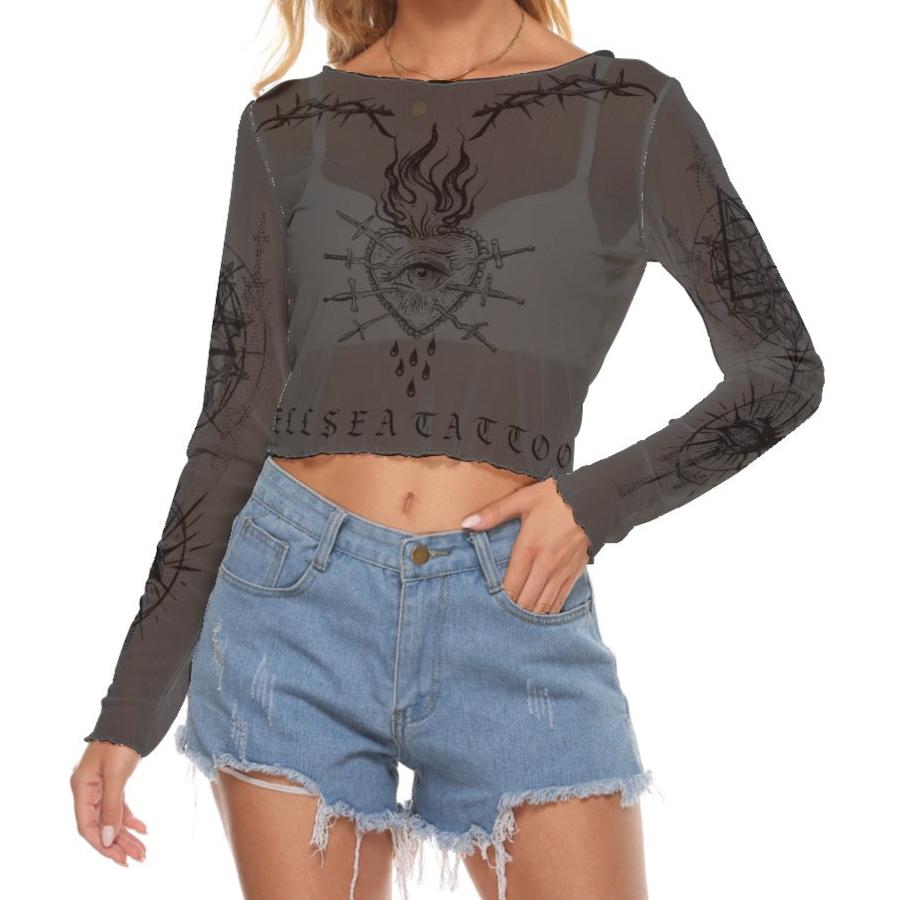 HELLSEA Long Sleeve Tattoo Flash Mesh Top (Black)