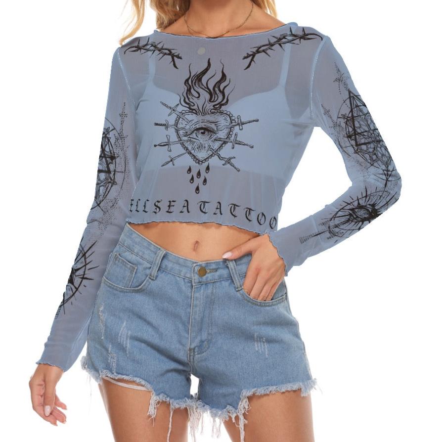 HELLSEA Long Sleeve Tattoo Flash Mesh Top (Periwinkle)