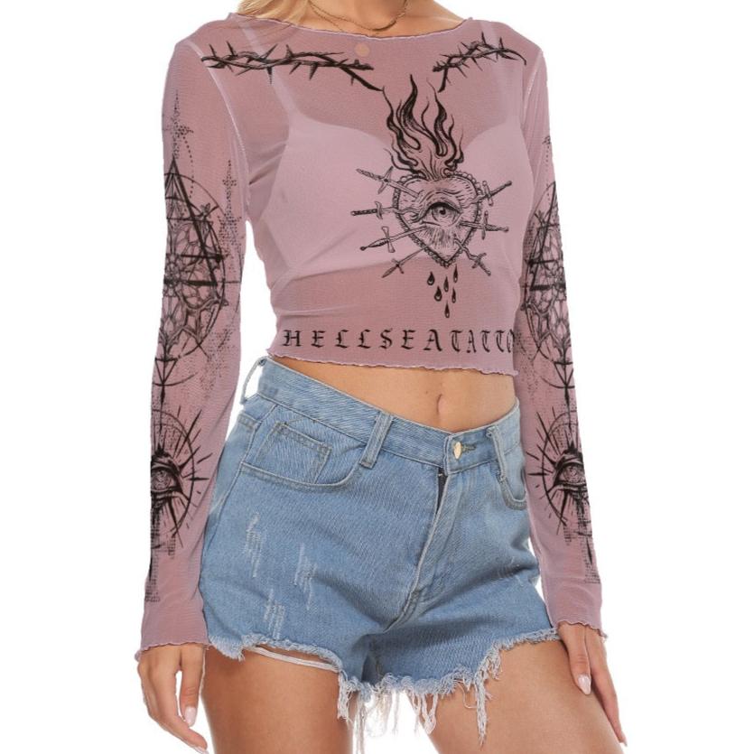 HELLSEA Long Sleeve Tattoo Flash Mesh Top (Rose)