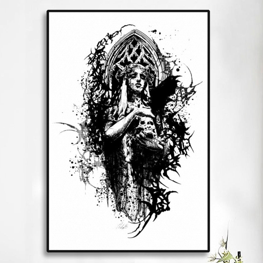 Grave Maiden on White Black Framed Print