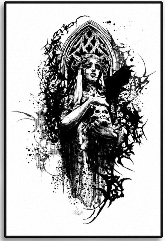 Grave Maiden on White Black Framed Print
