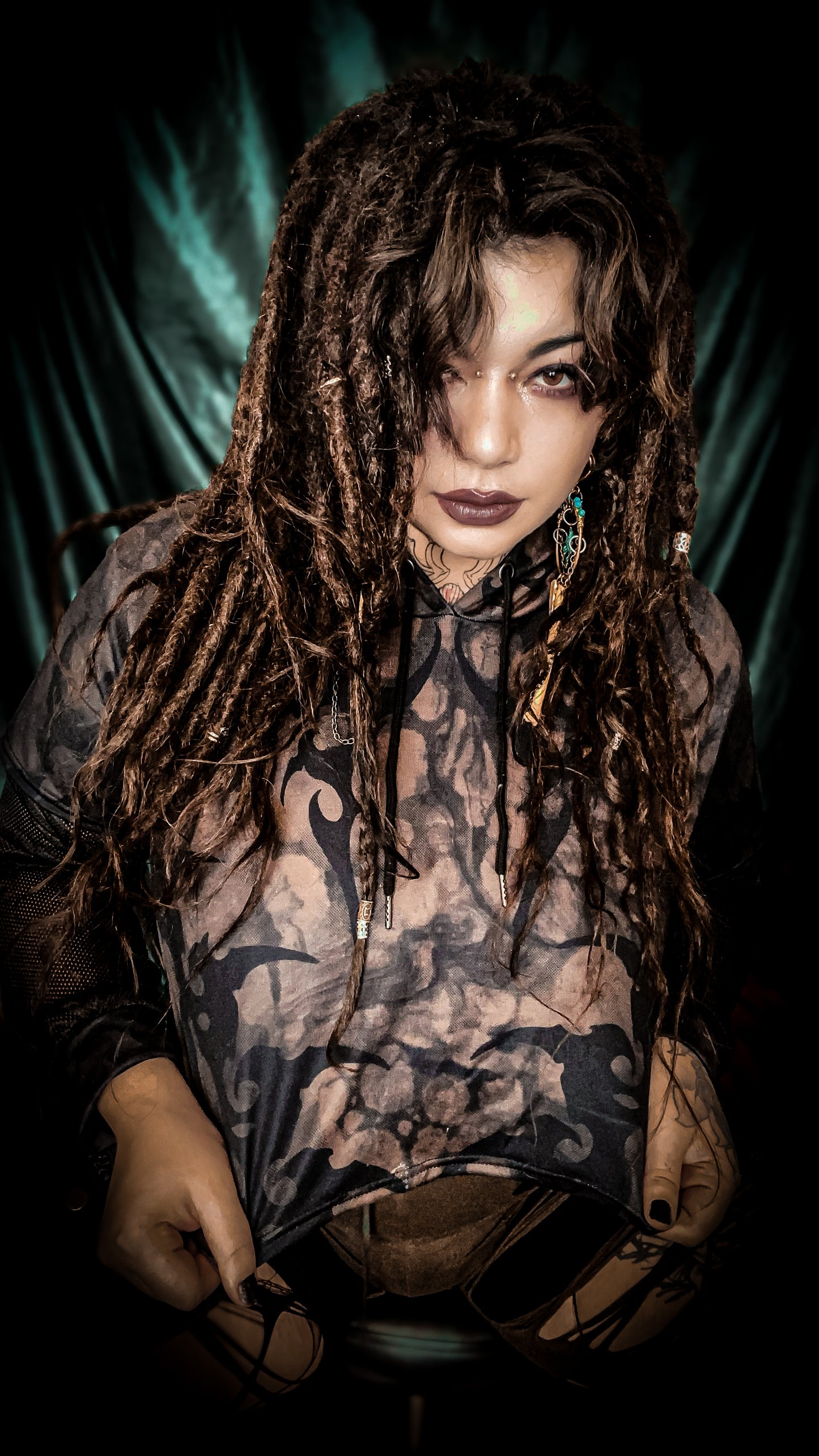 Primitive Fractal Mesh Sleeve Hooded Crop Top