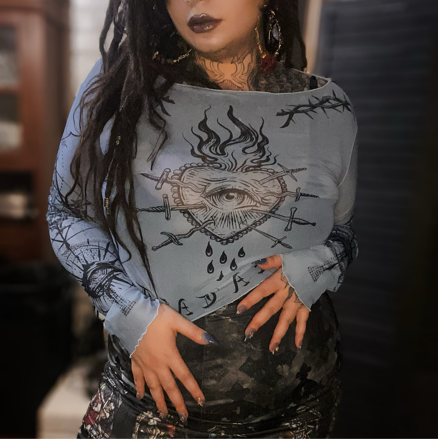 HELLSEA Long Sleeve Tattoo Flash Mesh Top (Periwinkle)